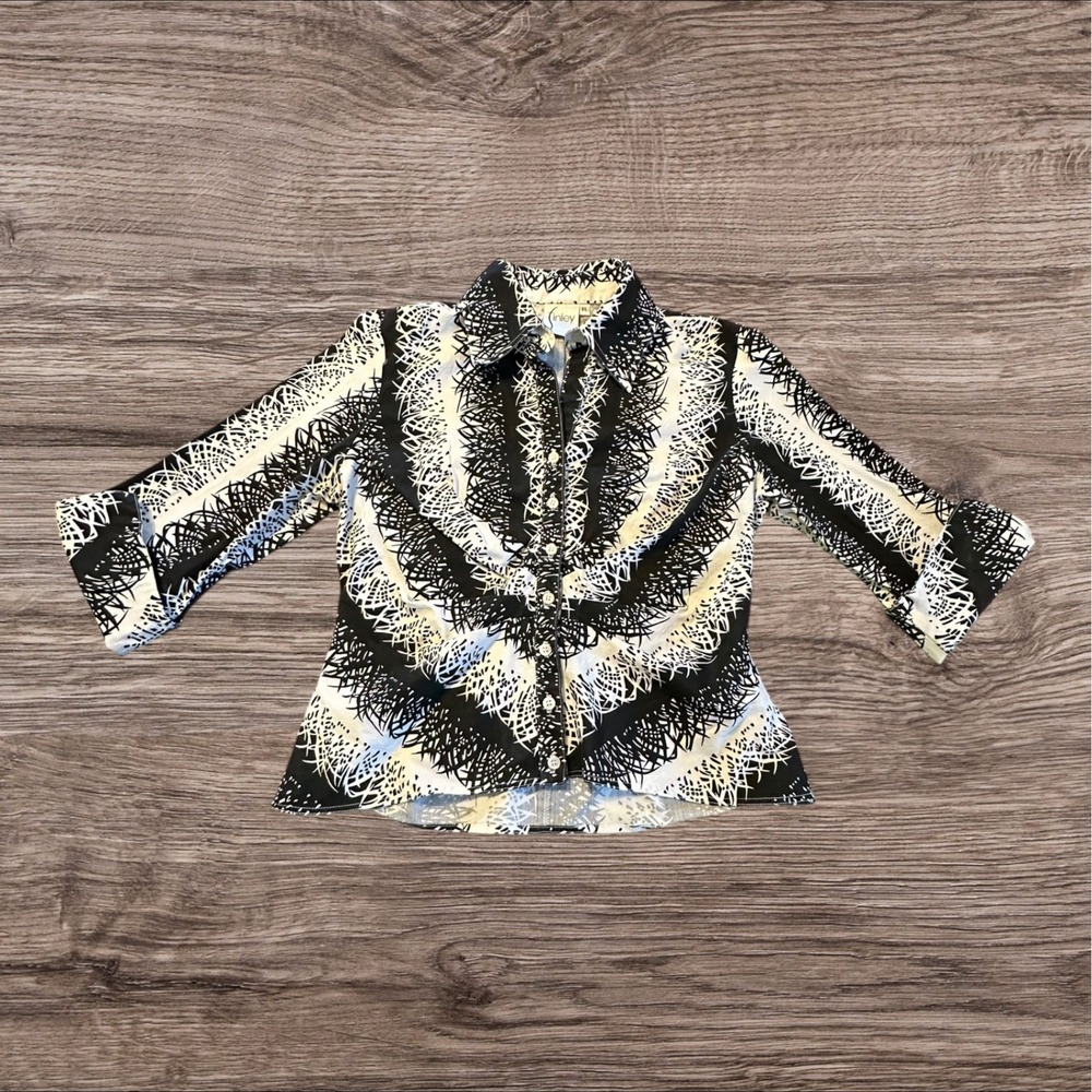 Finley Black White Abstract Button Down Shirt Womens XL 3/4‎ Sleeve USA